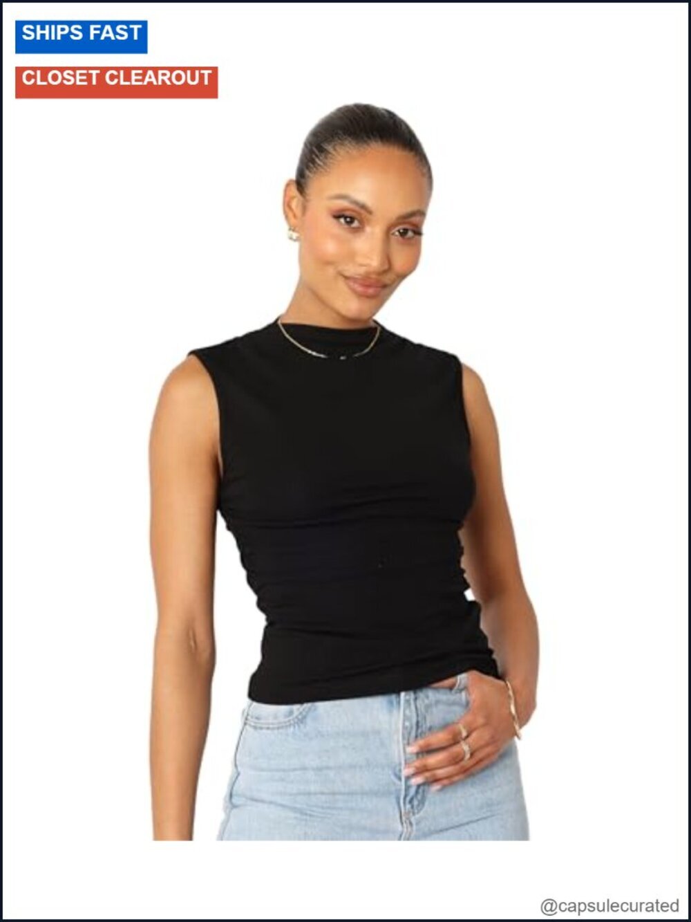 Sleeveless High Neck Tank Top with Ruched Sides